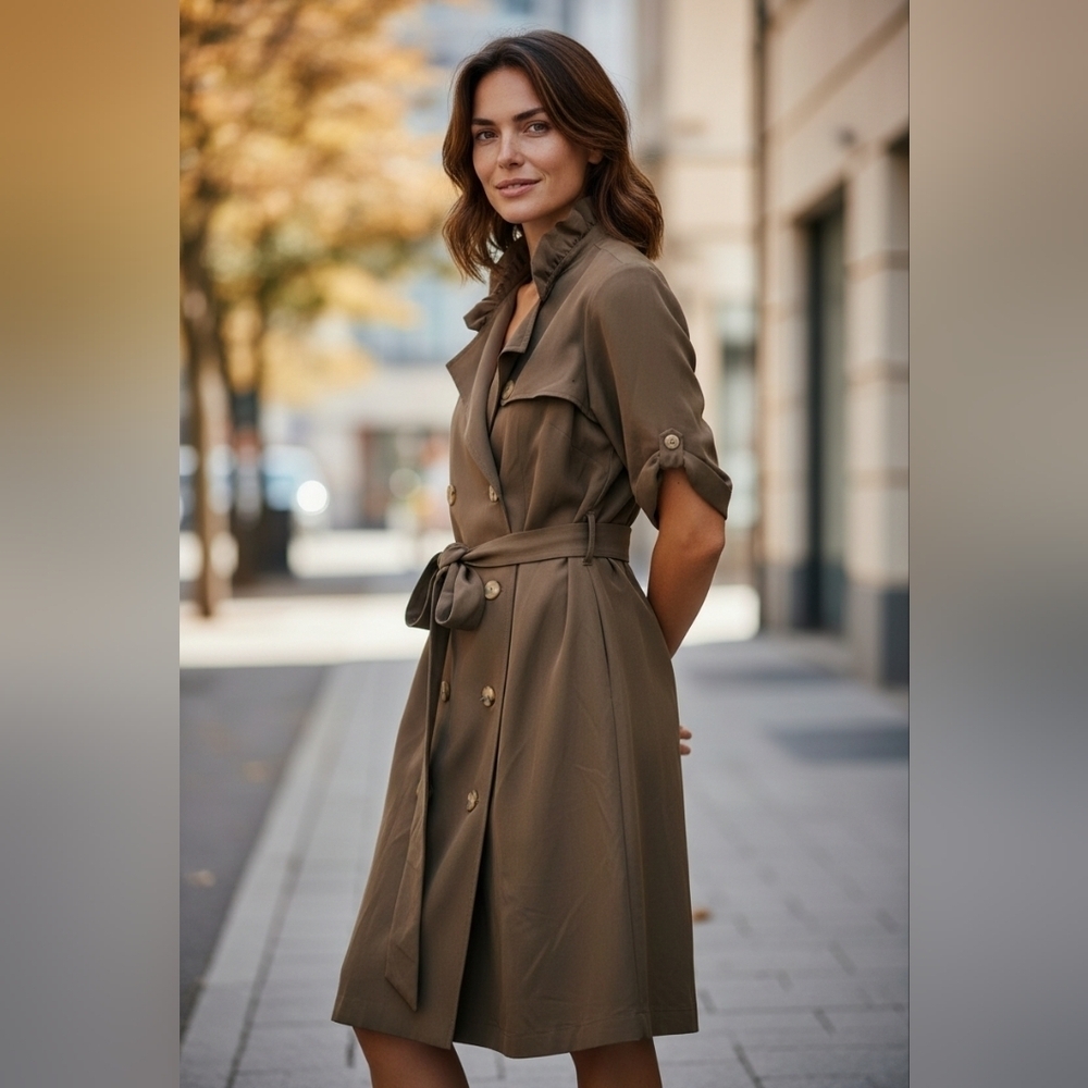 Classic Moss Green Double Breasted Dress with self belt med  wt fabric